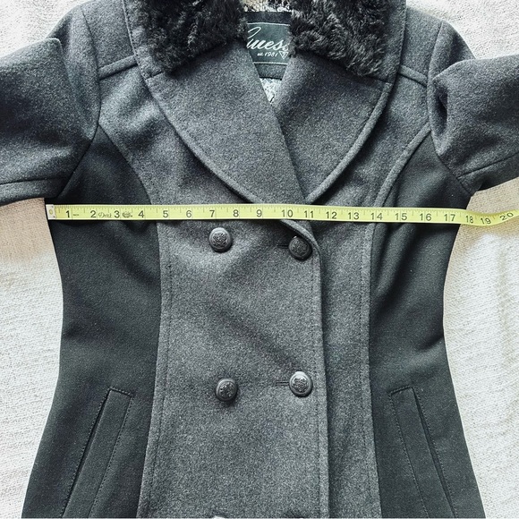 wool coat winter spring jacket faux fur collar two way button down gray/black - Picture 3 of 16